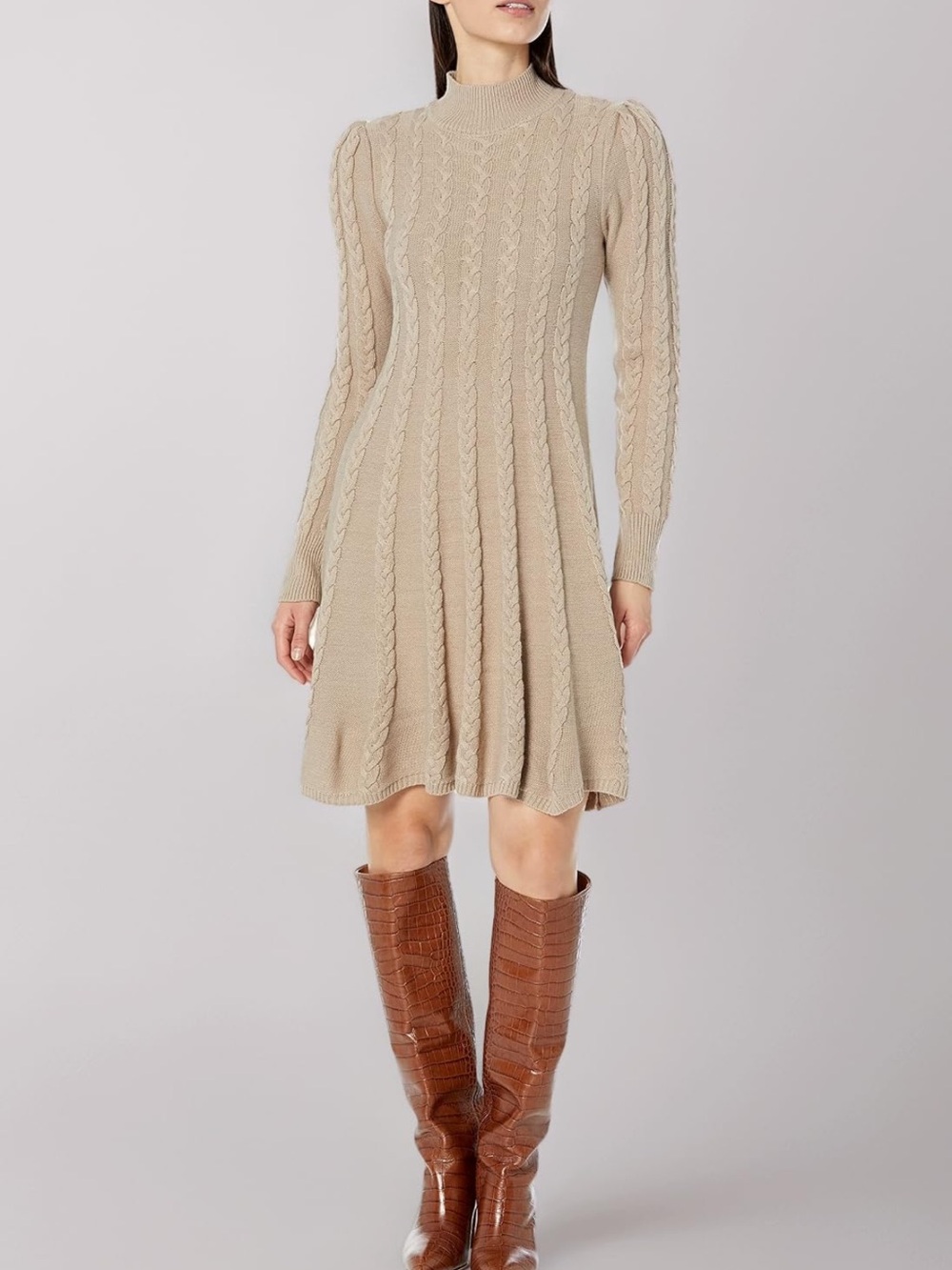 Women's Cable Knit V-Neck Sweater Dress - Cream